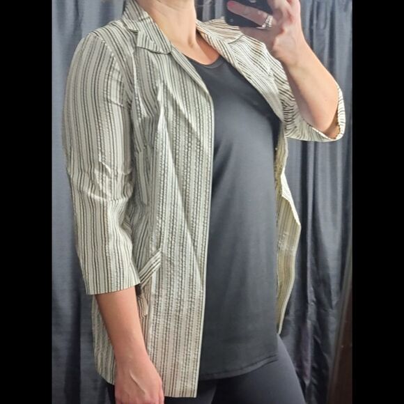 Vintage 70s Black Brown Striped Open Front Blazer - Picture 2 of 15